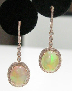 6.34Ct Diamond Hoop & Fire Opal Center w/ 2 Rows Accents Drop/Dangling Earrings