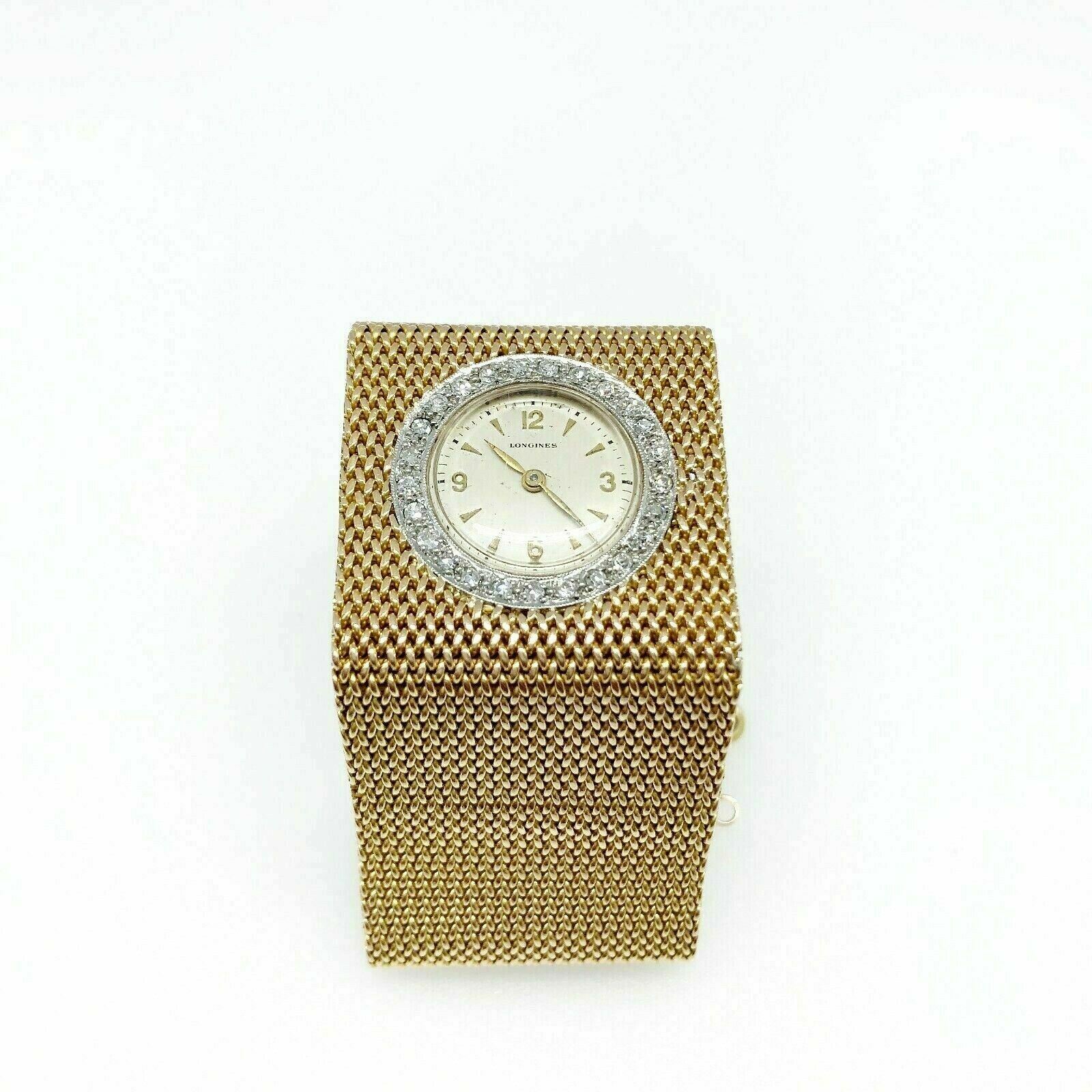 Vintage Womens Diamond Longines Mesh Bracelet Watch Solid 18 Karat Yellow Gold