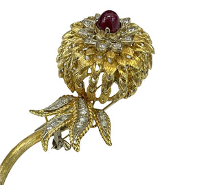 Flower Bloom Brooch Pin Round Brilliant Diamond Yellow Gold 18kt
