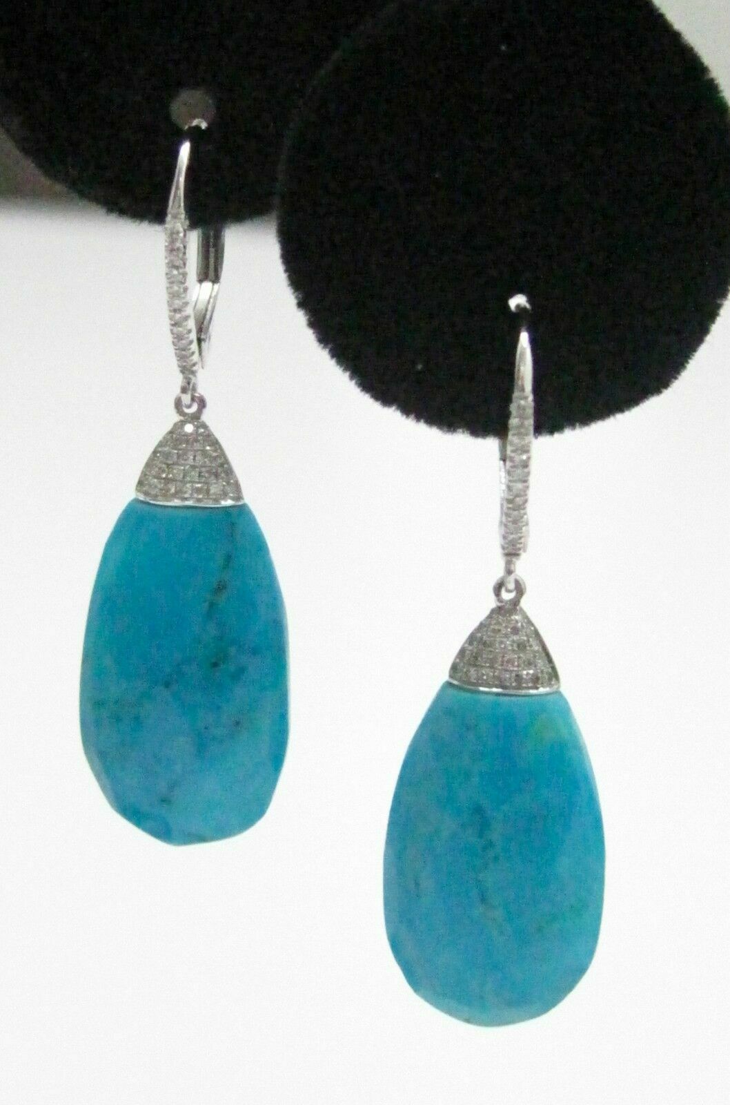 19.04 TCW Natural Elongated Oval Turquoise Diamonds Dangling Earrings 14K W-Gold