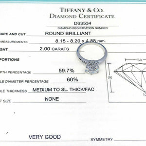 Tiffany & Co. 2.00 Carats F VVS1 Round Diamond Platinum Solitaire Ring w Cert