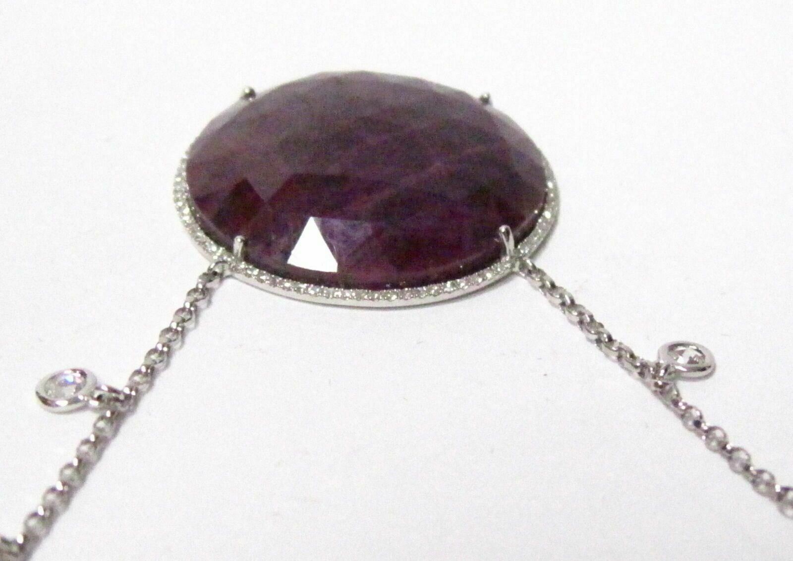 39.27 TCW Rose Cut Red Ruby & White Diamonds Pendant Necklace 14k White Gold 17"