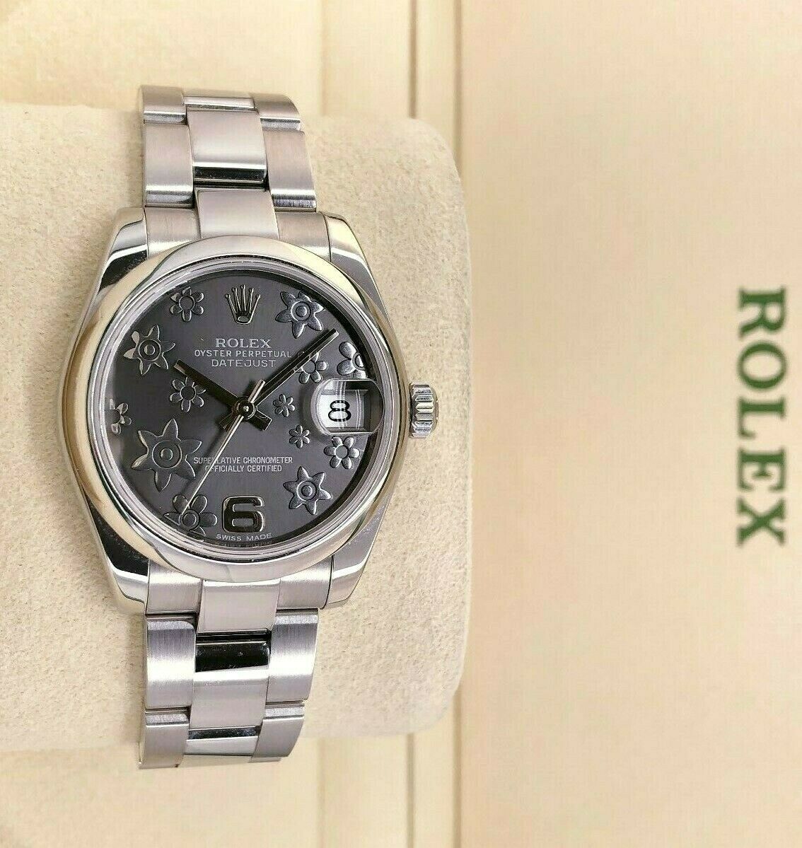 Rolex Midsize 31mm Datejust Rhodium Floral Stainless Steel Watch Receipt Service