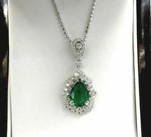 3.85 Carats t.w. Pear Emerald & Diamond Pendant 1.35 x 0.70 Inch 18K White Gold