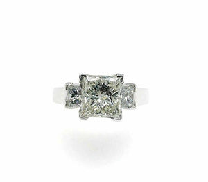2.69 Carats t.w. 3 Stone Princess Cut Diamond Wedding Ring 2.13 K VS1 GIA Center