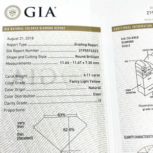 Loose GIA Diamond Very Large 6.11 Carats GIA Light Fancy Yellow Round Brilliant