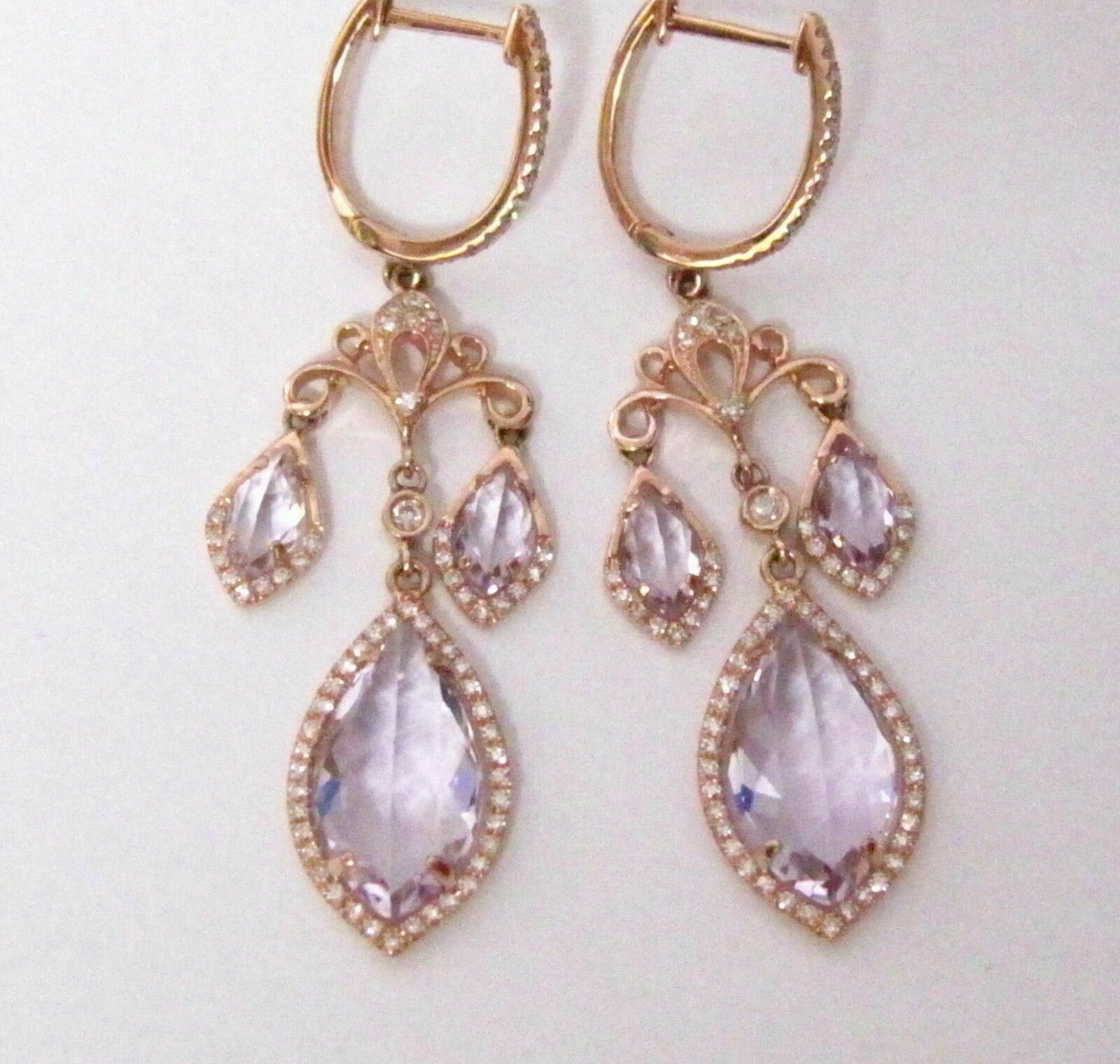 5.68 TCW Pear Cut Amethyst & Diamonds Chandelier/Dangling Earrings 14k Rose Gold