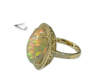 Opal Gem Oval Halo Diamond Ring Yellow Gold 14KT