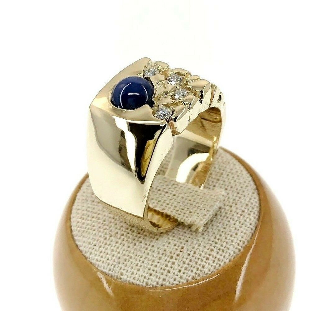 2.10 Carats Mens Nugget Diamond and Blue Star Sapphire Ring 14K Yellow Gold