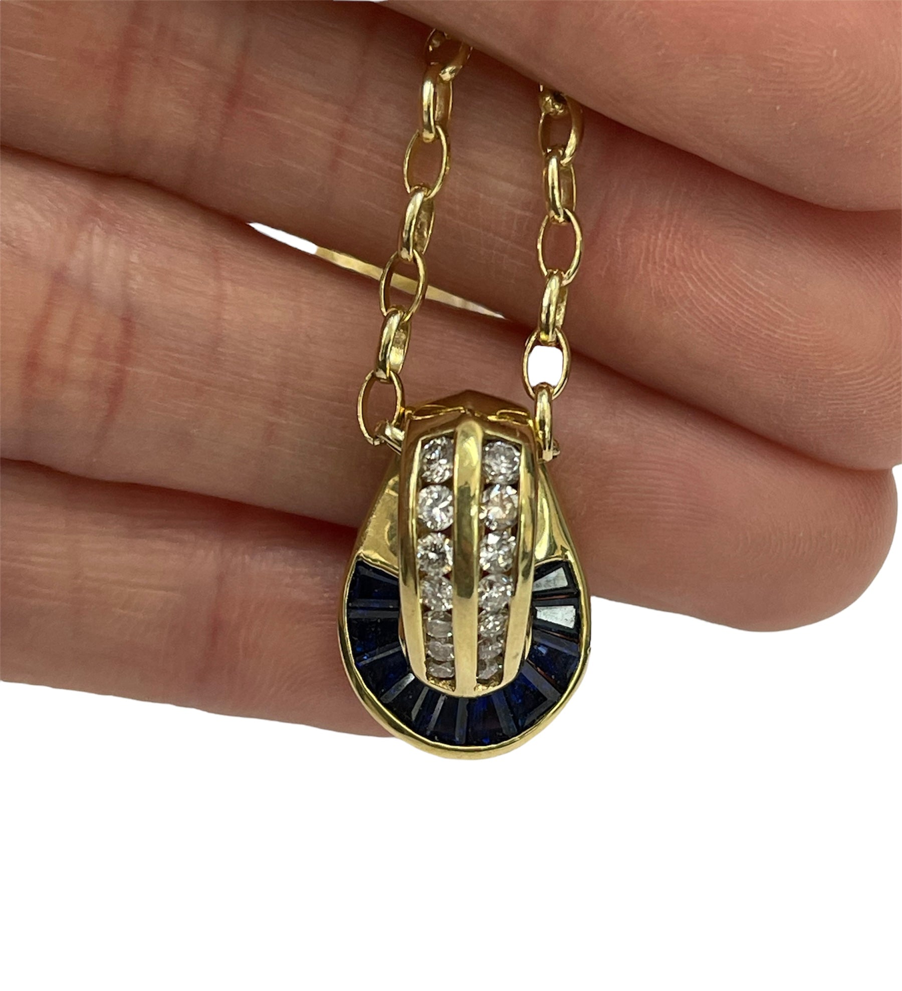 Baguettes Sapphire Gem Diamond Pendant Necklace with Chain 14kt