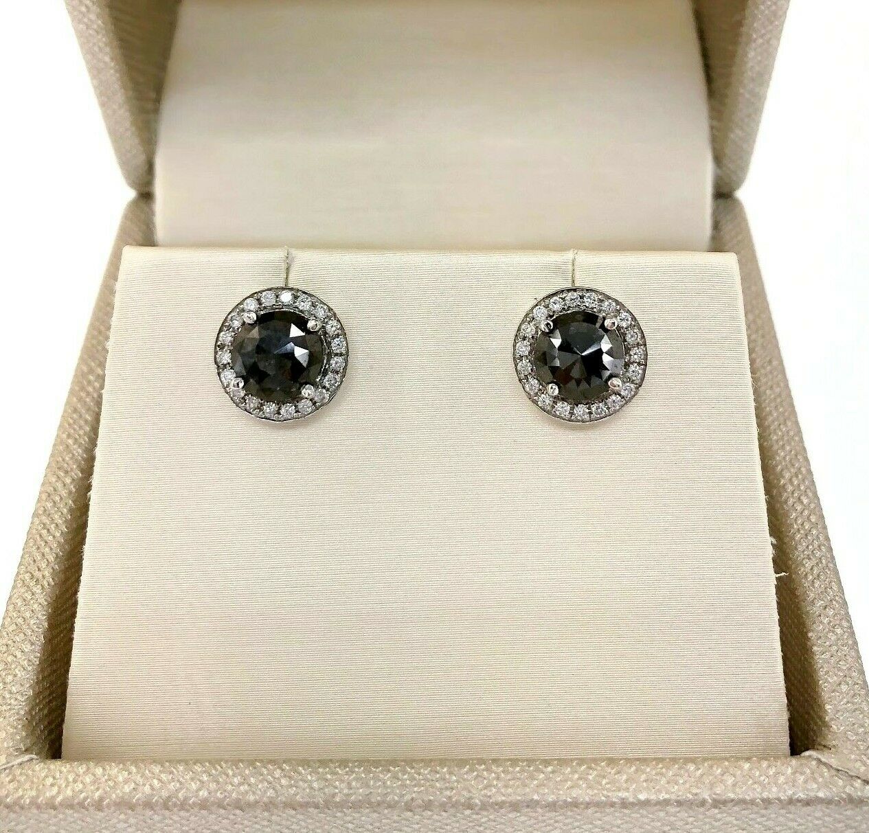 2.81 Carats Round Brilliant Cut and Black Diamonds Halo Stud Earrings 14K White