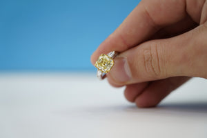 Custom Made 3.55 Carats Emerald Cut Fancy Yellow Diamond with .48 Carat Side Stones D/E VS Engagement Ring!