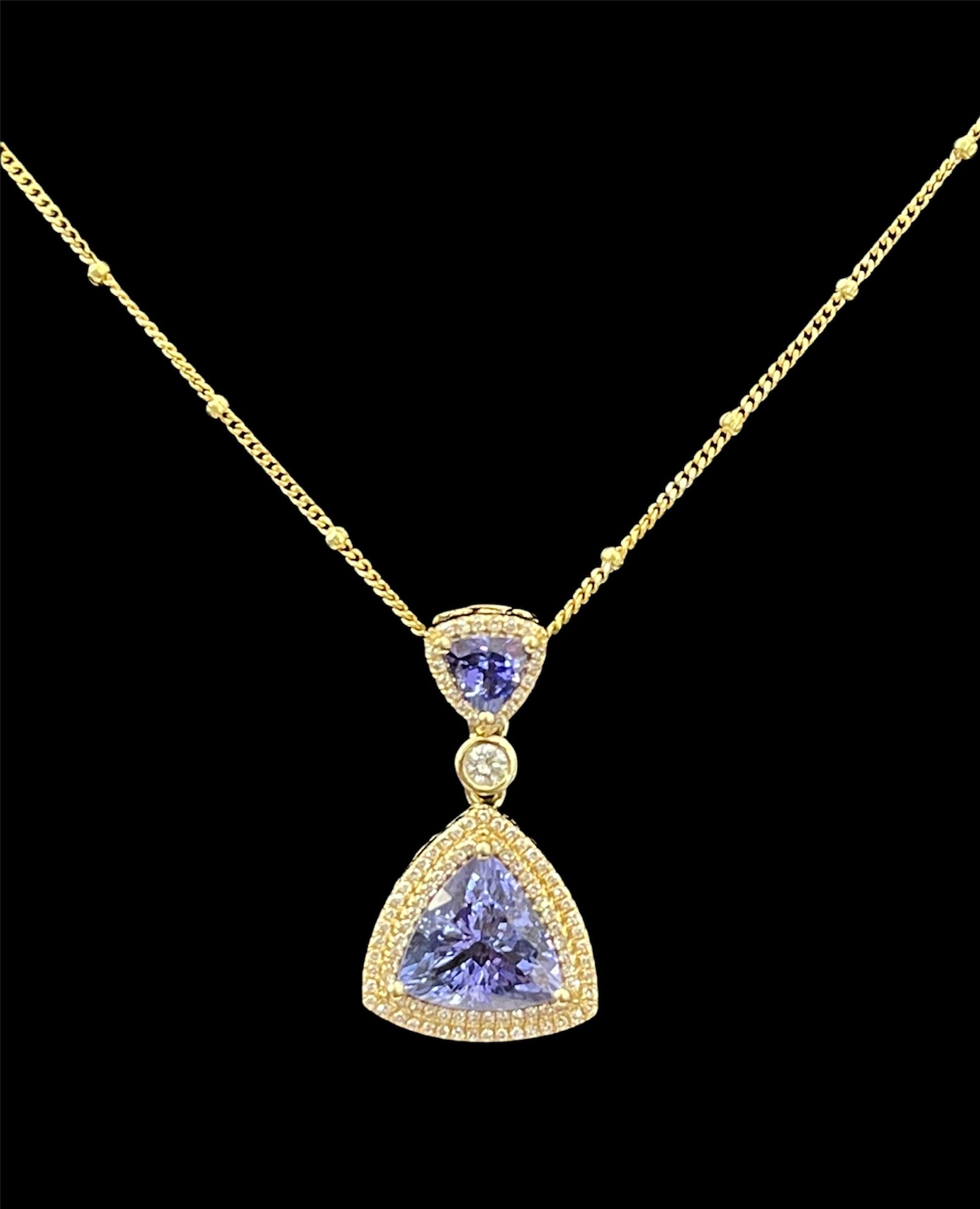Tanzanite Trillion Gem Diamond Pendant Necklace Yellow Gold