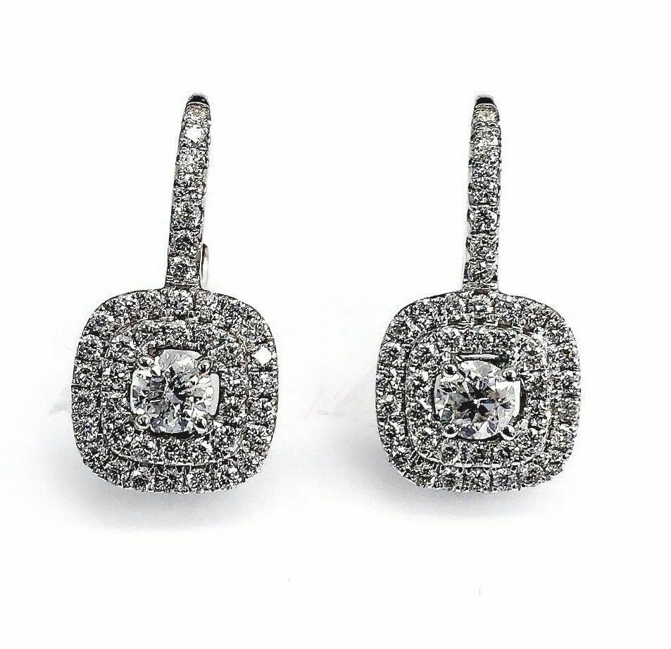 1.25 Carats t.w. Double Halo Diamond Dangle Hinge Earrings 18K White Gold New