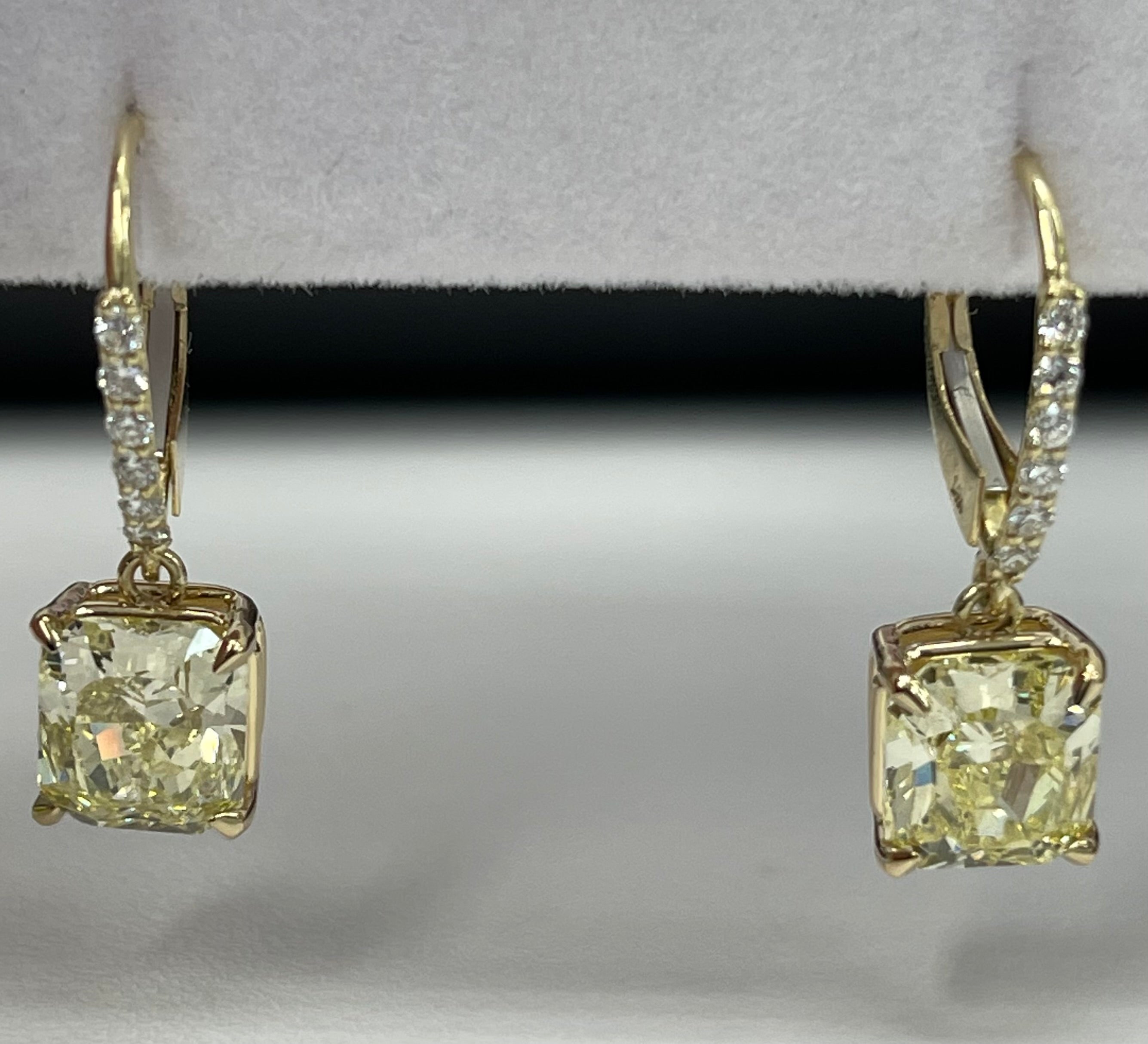 GIA Certified Radiant Fancy Yellow Diamond Dangle Earring Yellow Gold