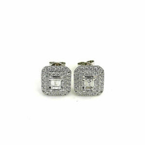 1.33 Carats t.w. Carre Baguette and Round Diamond Halo Earrings 14K White Gold