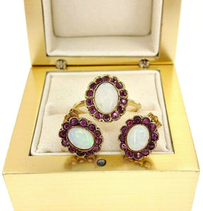 Estate 4.90 Carats t.w. Opal and Ruby Ring and Earrings Set 14K Yellow Gold