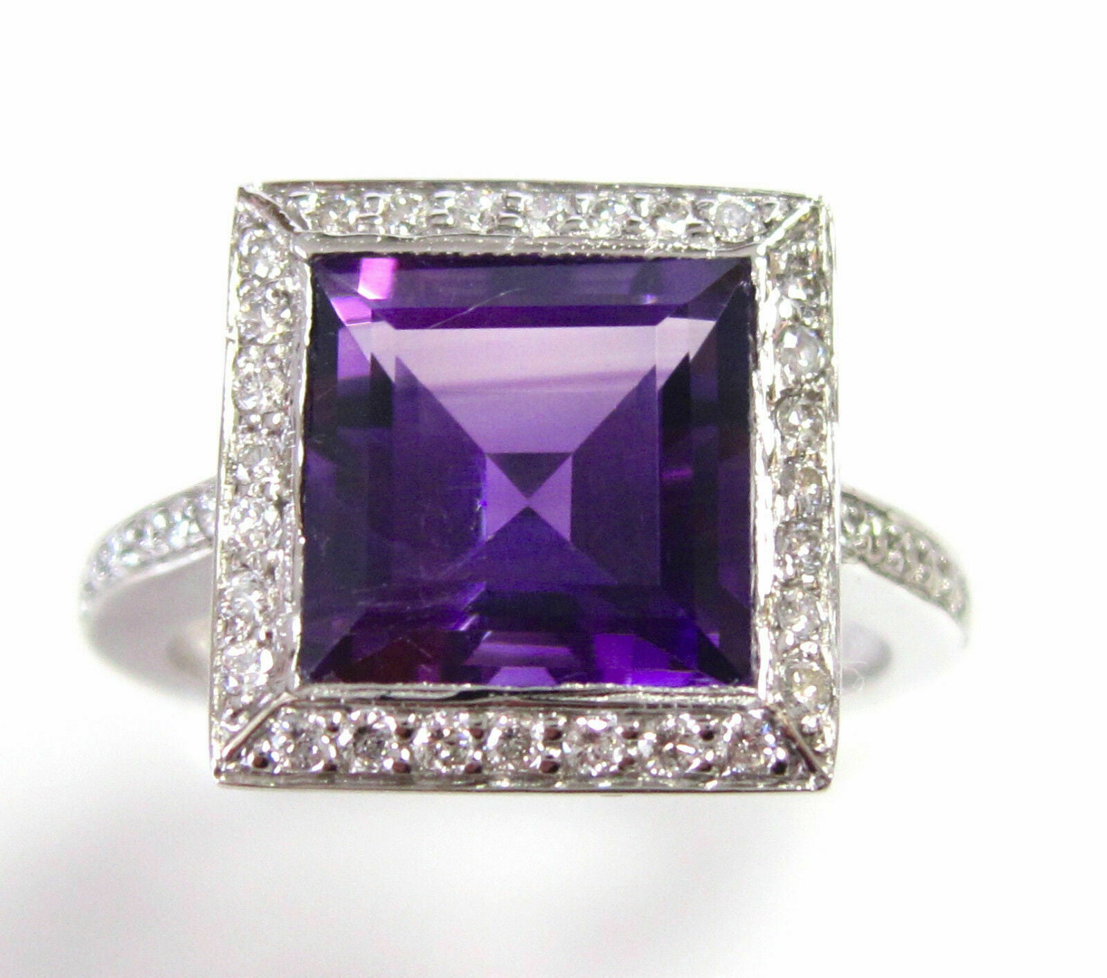 3.45TCW Natural Princes Cut Amethyst with Diamond Accents Solitaire Ring 14 W/G