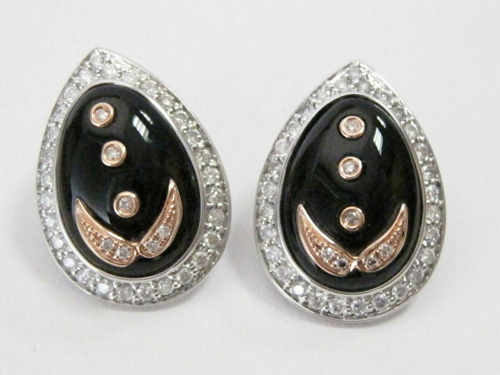 8.70 TCW Natural Pear Shape Black Onyx & White Diamonds Earrings 18k White Gold