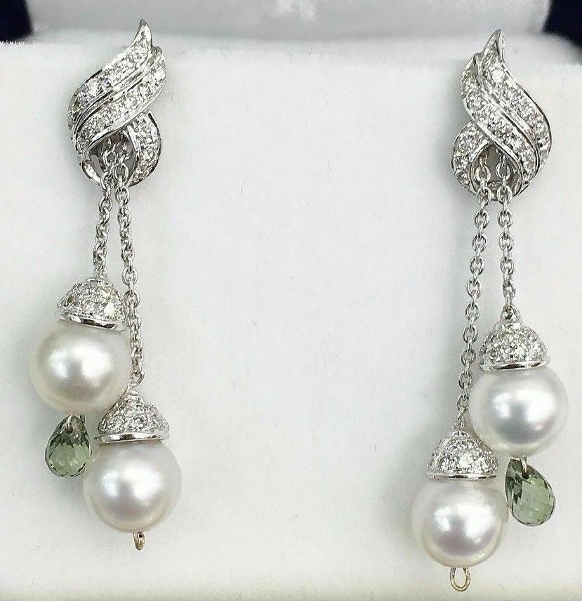 FINE 18kt White Gold Diamond and Pearl Drop Earrings