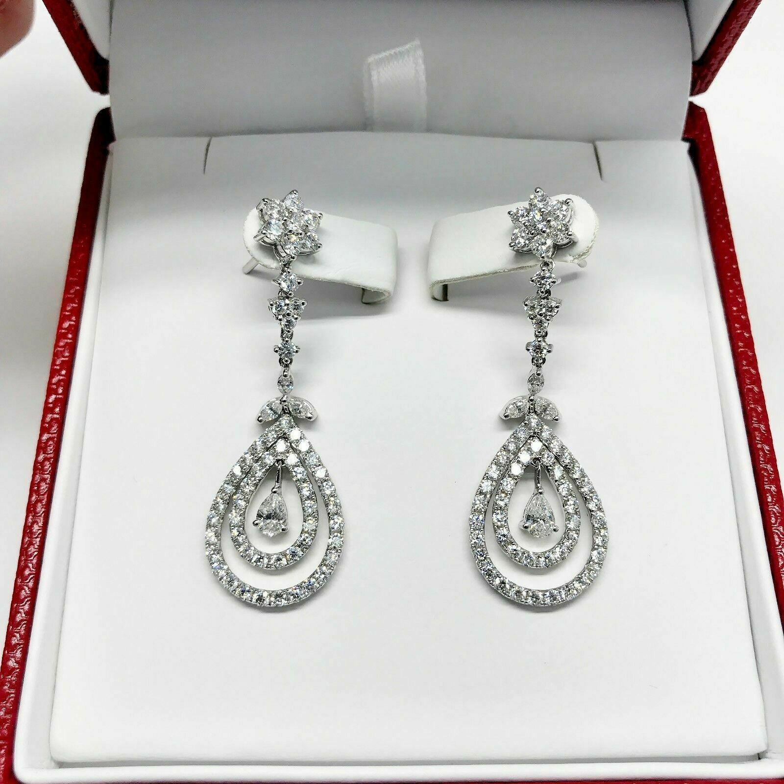 3.29 Carats t.w. Double Halo Diamond Dangle Earrings 18K Gold 1.75 Inch Drop