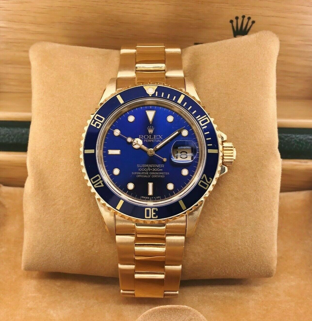 Rolex 40 Blue Submariner Solid 18K Yellow Gold Watch Ref # 16618 X Serial – NGDC.LA