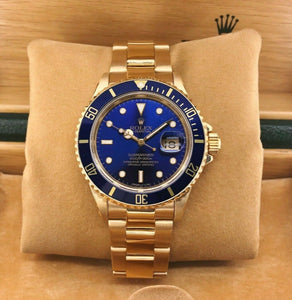 Rolex 40 mm Blue Submariner Solid 18K Yellow Gold Watch Ref # 16618 X Serial