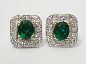 1.12 TCW Natural Oval Green Emerald & Diamond Accents Stud Earrings 18kt WG