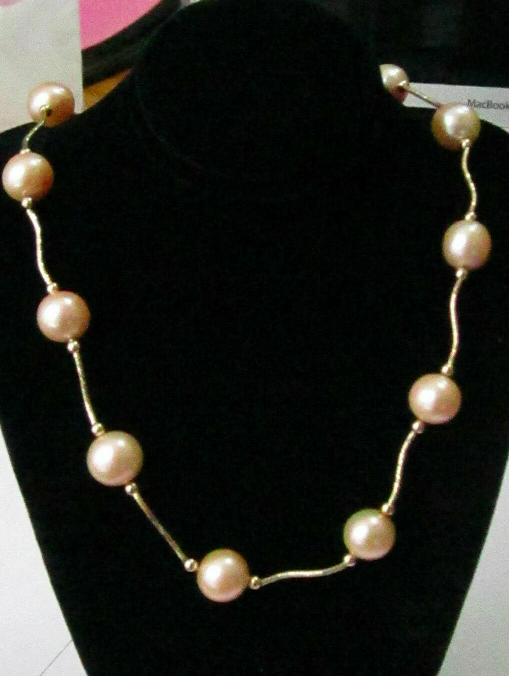 Light Gold/Peach Pearl String Necklace 11mm 18k Yellow Gold 17 Inches Long