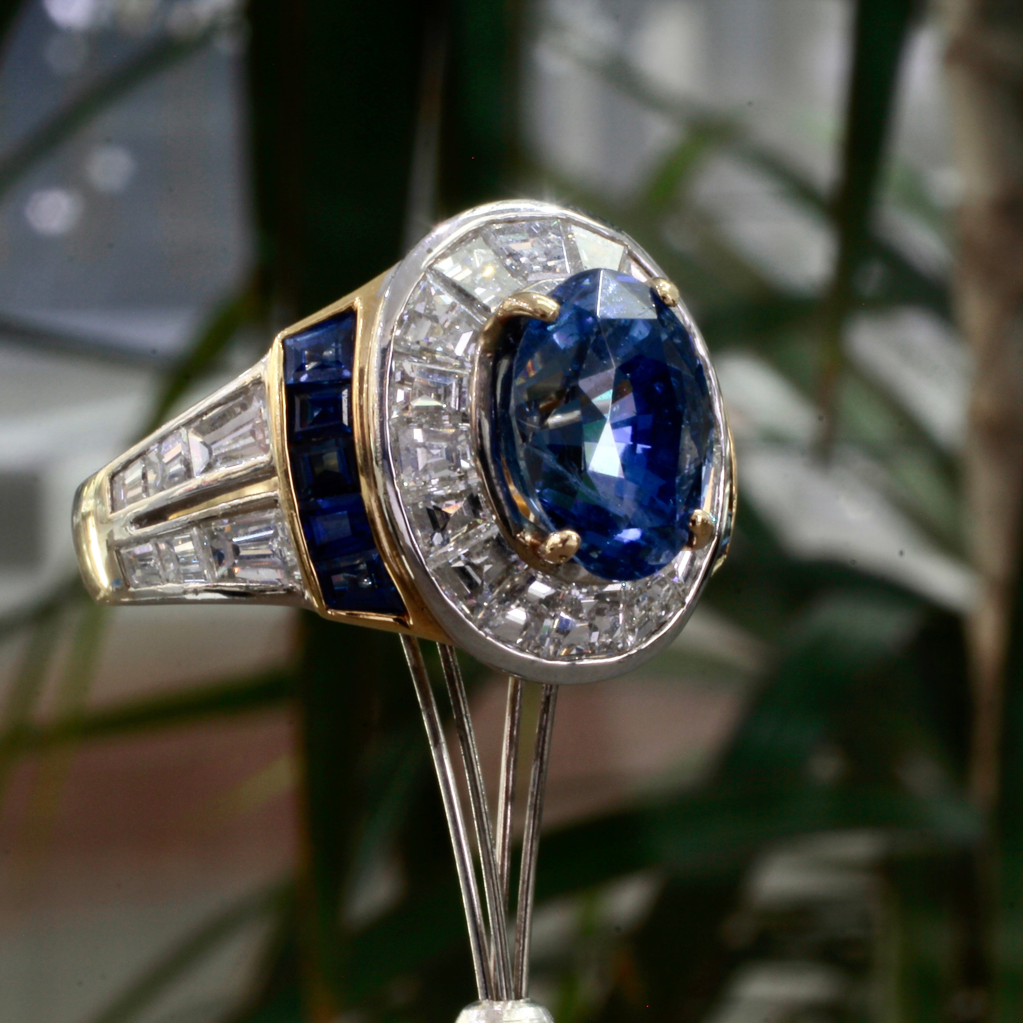 2.26 Carats Total Diamond Oval Blue Sapphire Custom Made Ring 18K Yellow Gold