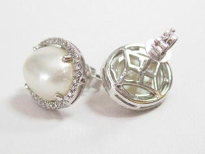 4.34 TCW White Pearl w/ Diamond Accents Stud Earrings Push Back 14k White Gold