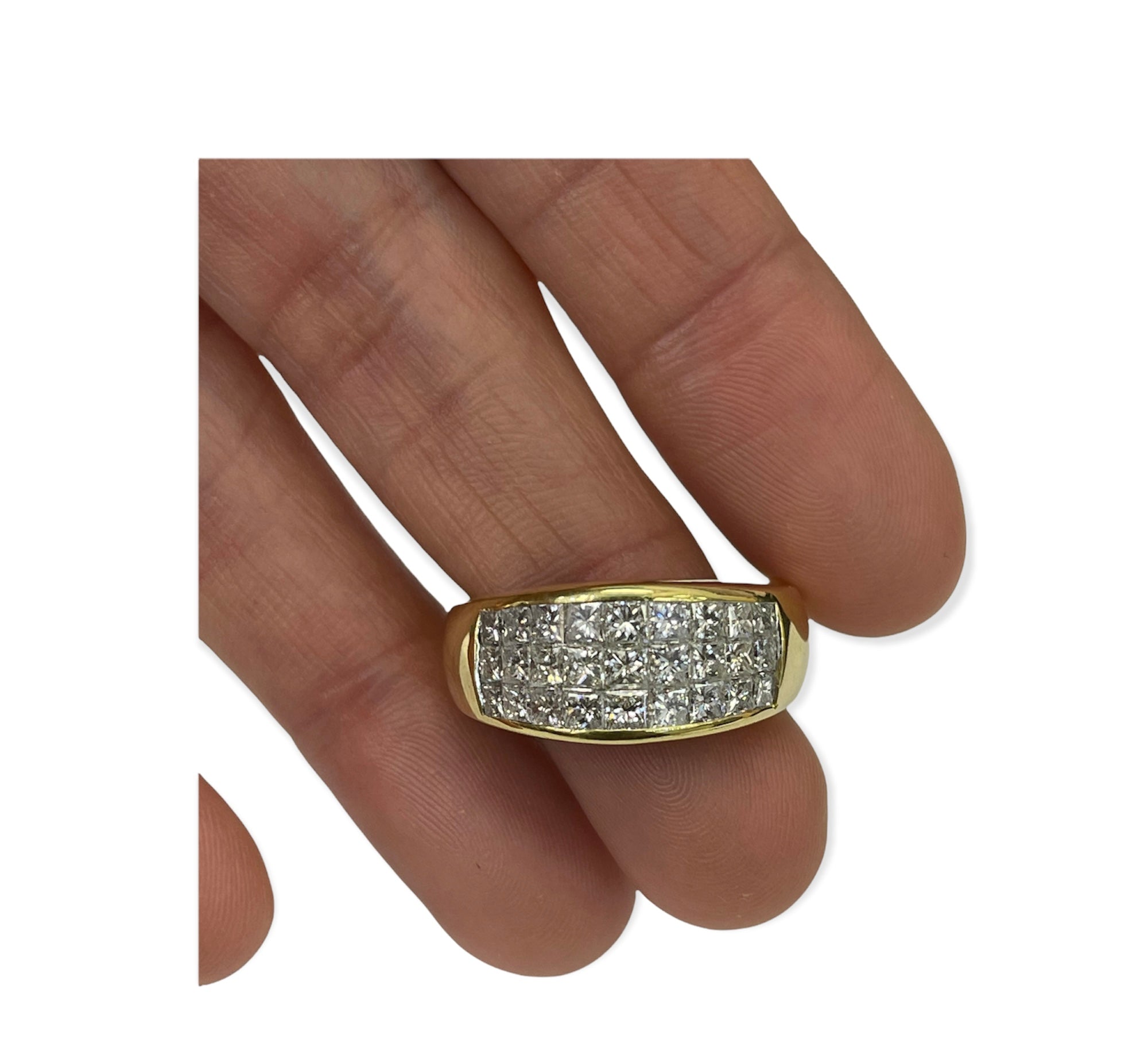 Princess Cut Three Rows Diamond Ring Yellow Gold 18kt