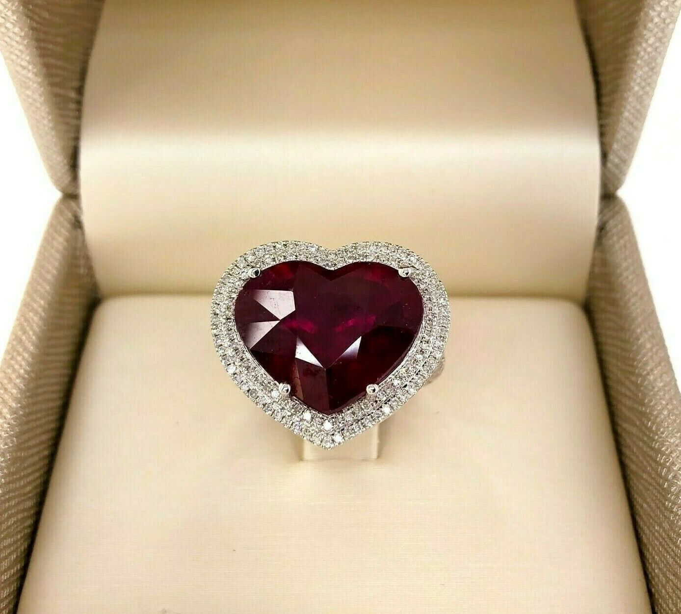 9.37 Carats t.w. Diamond and Heart Ruby Halo Ring Ruby is 8.91 Carats 18KW Gold