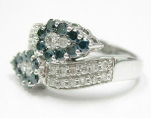 1.40 TCW Natural Round Blue & White Diamonds Leaf Cocktail Ring Size 7 14kt WG