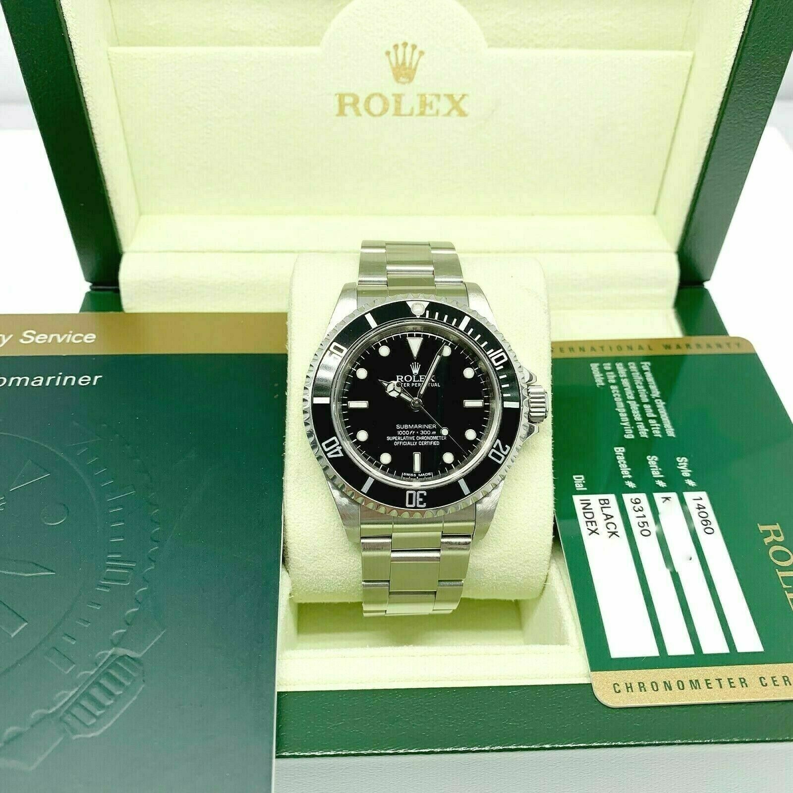 Rolex Black Submariner No Date Stainless Steel Watch Ref 14060 Engraved Box&Card