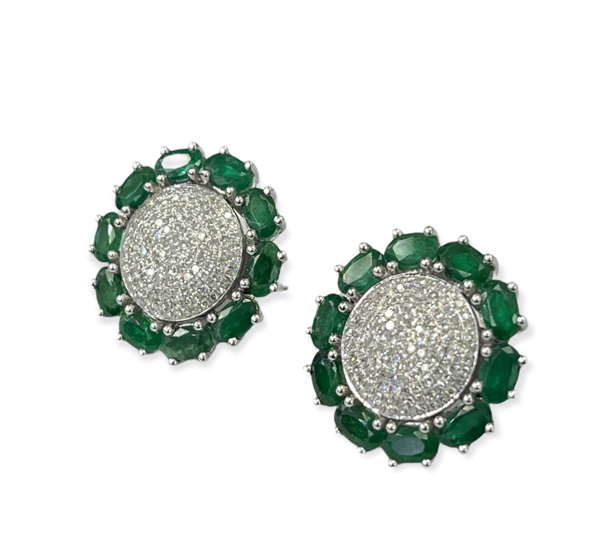 Emerald Gem Diamond Flower Earrings White Gold 14kt