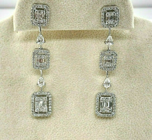 2.95 Carats Round and Baguette Diamond Halo Dangle Earrings 18K 2.00 Inch Drop