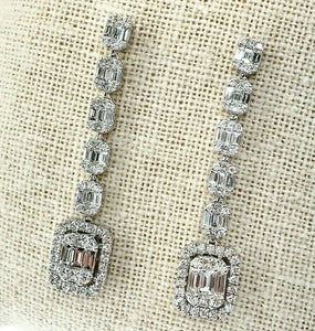 2.50 Carats Round and Baguette Diamond Halo Dangle Earrings 1.85 Inch Drop 18K