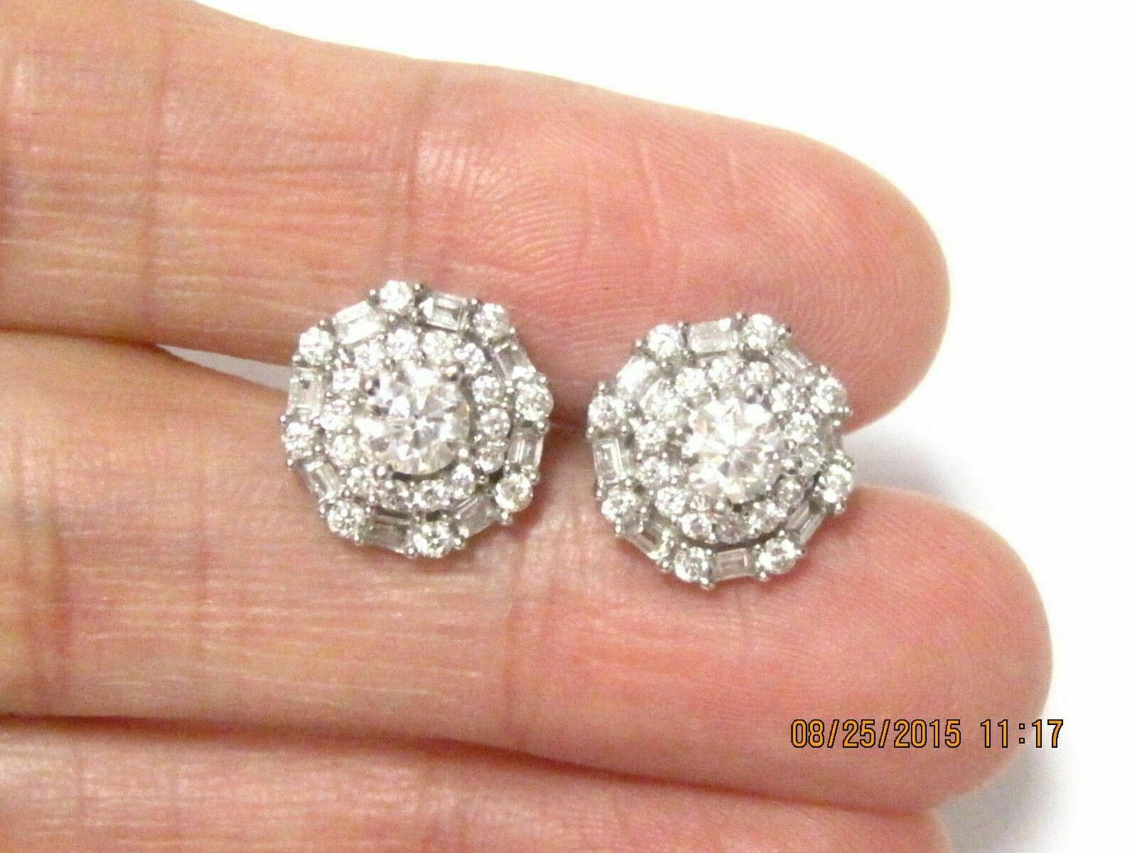 1.48TCW Round Brilliant and Baguettes Diamond Cluster Earrings 18k White Gold