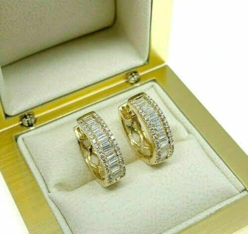0.80 Carats Baguette and Round Diamond Huggie Hoop Earrings 18K Yellow Gold