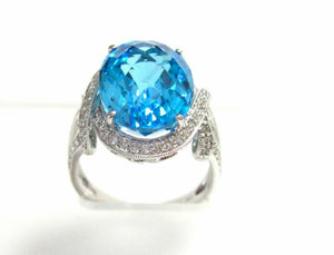 11.10 TCW Natural Oval Blue Topaz & Diamond Cocktail Ring 18k White Gold Size6.5