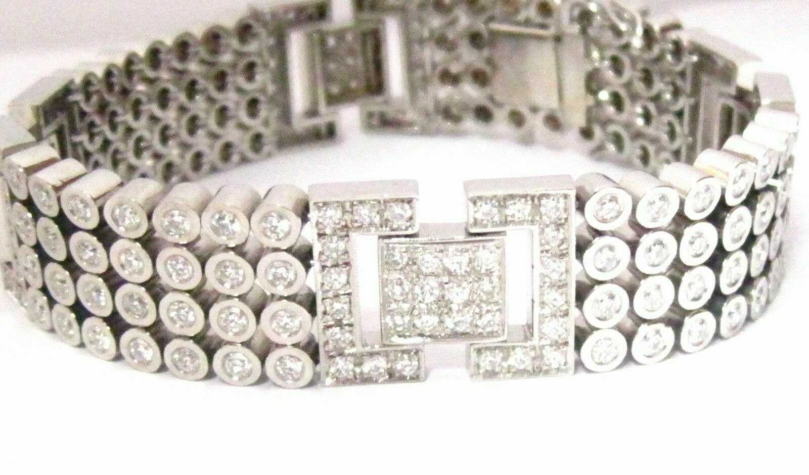 Fine 9.75 TCW 4 Rows Round Brilliant Mens Diamond Bracelet G-SI-1 14k White Gold