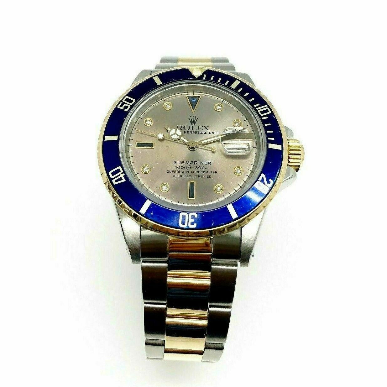 Rolex 40MM Blue Submariner Serti Dial 18K Yellow Gold & Steel Watch Ref 1680 R