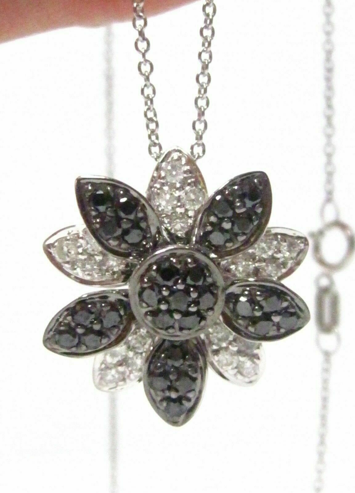 Fine Round Brilliants Black and White Diamond Flower Pendant Necklace 14k WG