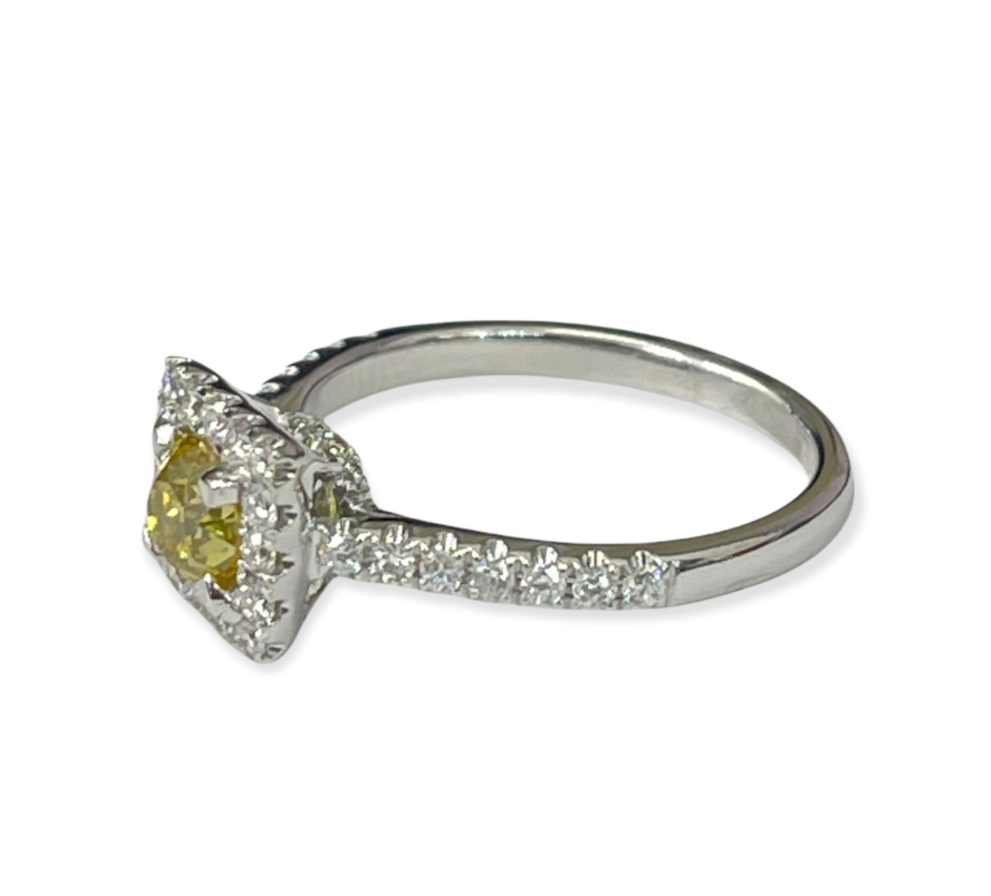 Fancy Yellow Round Brilliant Halo Diamond Ring White Gold 18kt