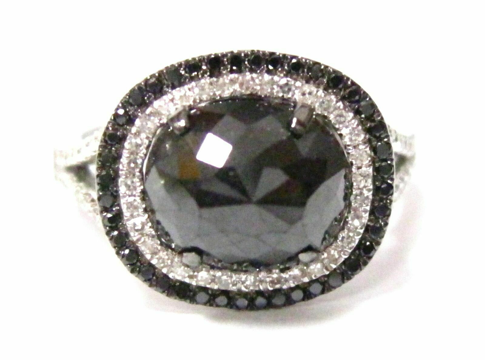 3.58 Tcw Natural Oval Black Diamond Cocktail Ring Size 6.5 14k White Gold