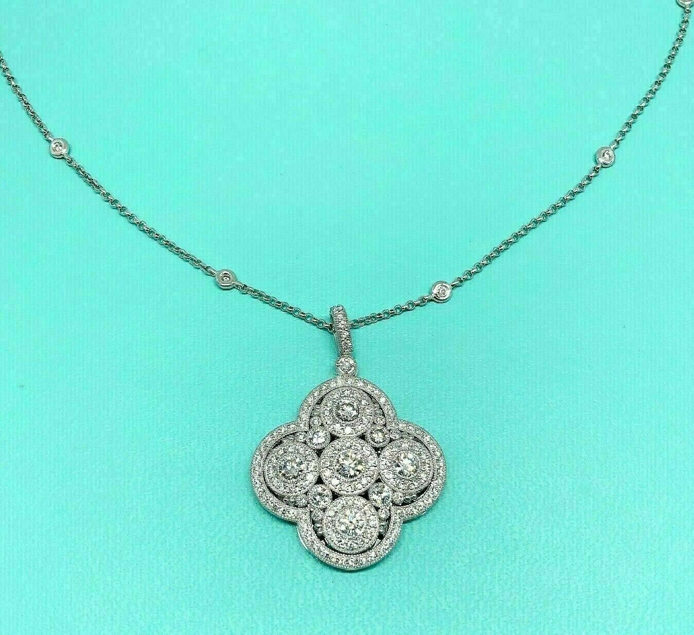 3.32 Carats t.w. Diamond Clover Pendant w Diamond By The Yard Chain 14K Hand Set