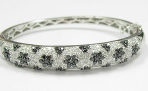 3.52 TCW Natural Black and White Flower Diamond Bangle/Bracelet 14k White Gold