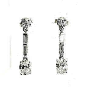 2.20 Carats t.w. Round Oval and Baguette Diamond Dangle Earrings 14K White Gold