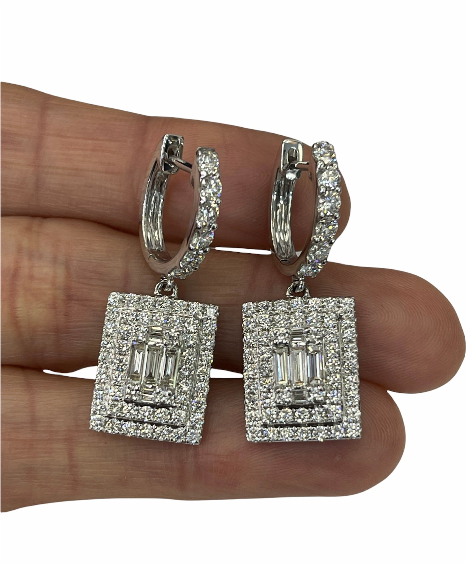Round Brilliants and Baguettes Square Diamond Dangling Earrings